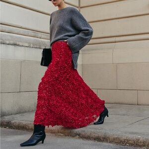 Commense Vibrant Red Textured Maxi Skirt